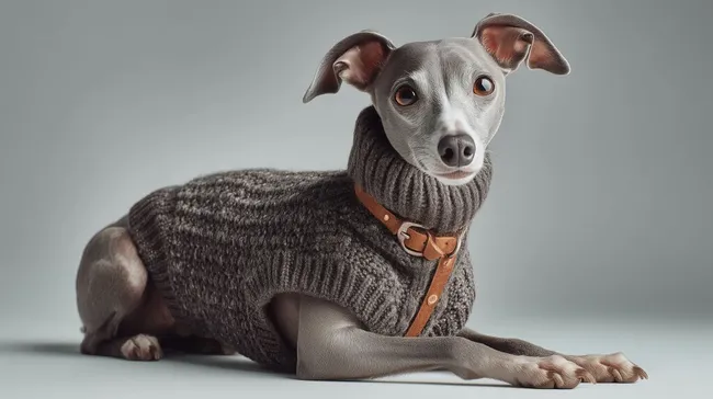 Windhund im kuscheligen Pullover auf grauem Hintergrund