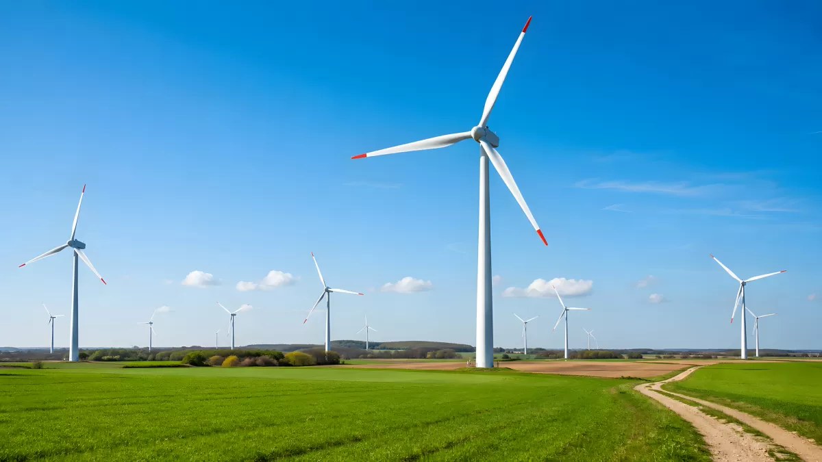 Windkraftanlage auf grüner Wiese unter blauem Himmel