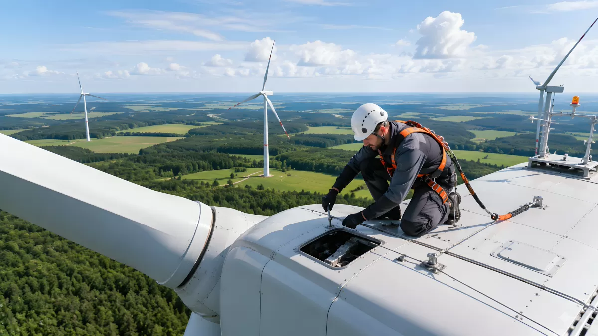 Windkraftanlage: Techniker arbeitet in schwindelnder Höhe