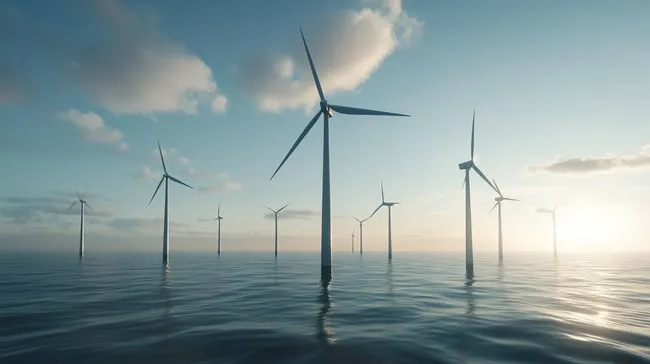 Windkraftanlagen auf offener See bei Sonnenuntergang