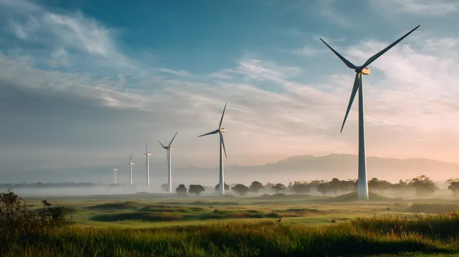 Windkraftanlagen bei Sonnenaufgang in grüner Landschaft