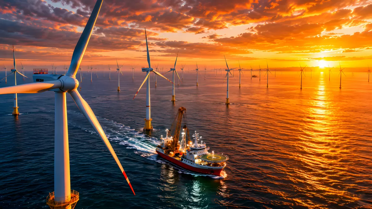 Windpark auf See bei Sonnenuntergang mit Versorgungsschiff