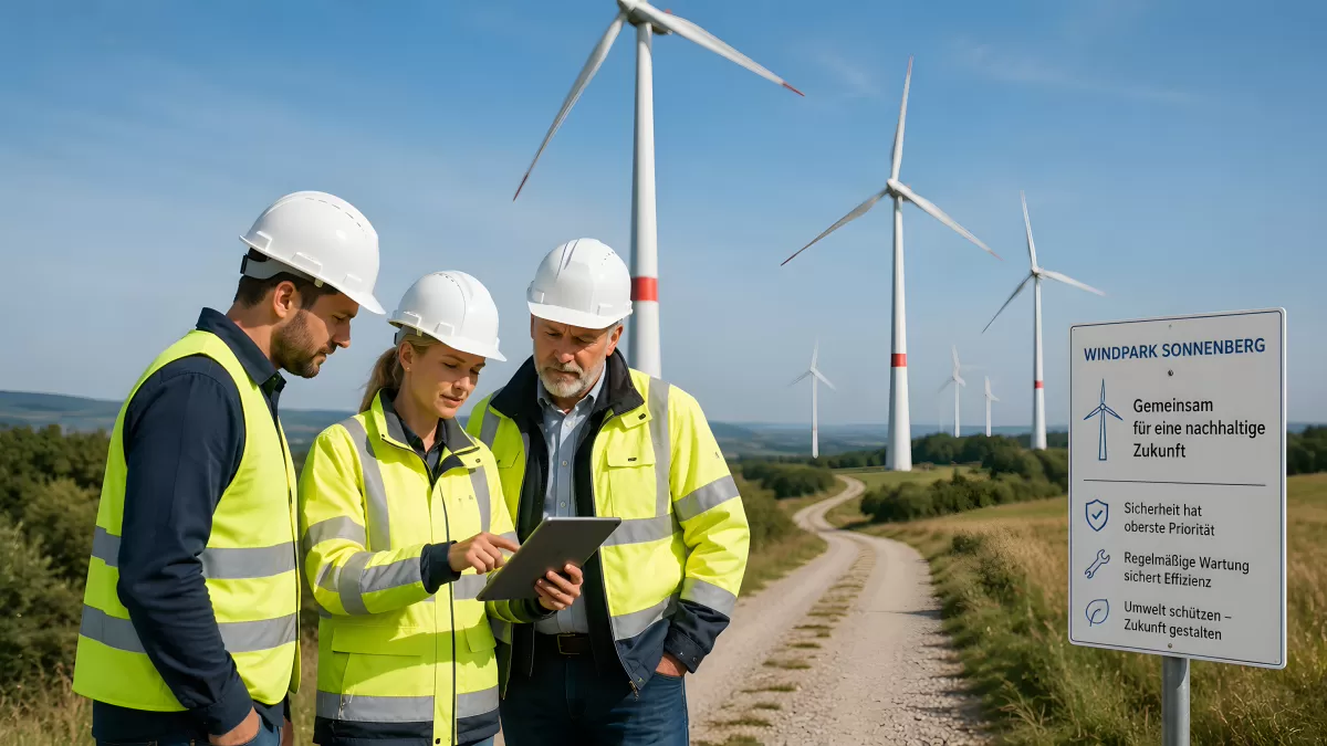 Windpark-Team prüft Daten auf Tablet vor Windrädern