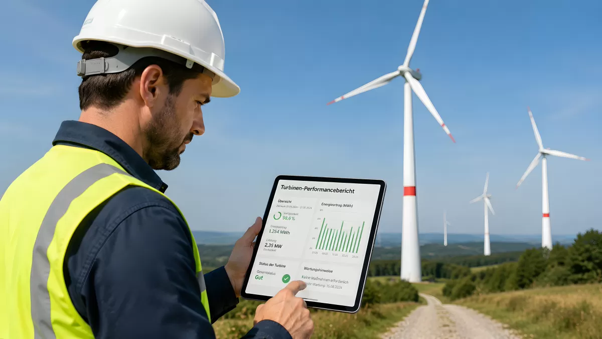 Windpark-Techniker prüft Turbinendaten auf Tablet