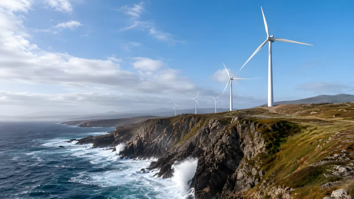 Windräder an felsiger Atlantikküste unter blauem Himmel