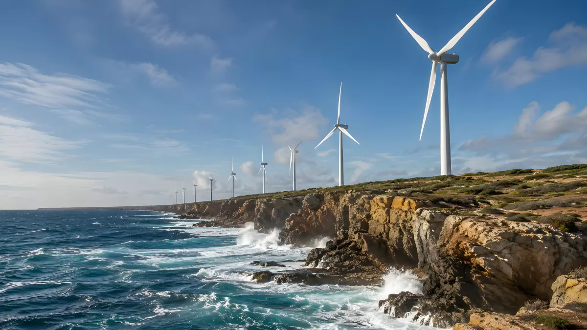 Windräder an felsiger Meeresküste unter blauem Himmel