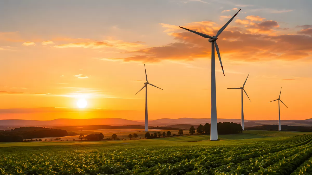 Windräder auf grünem Feld bei goldenem Sonnenuntergang