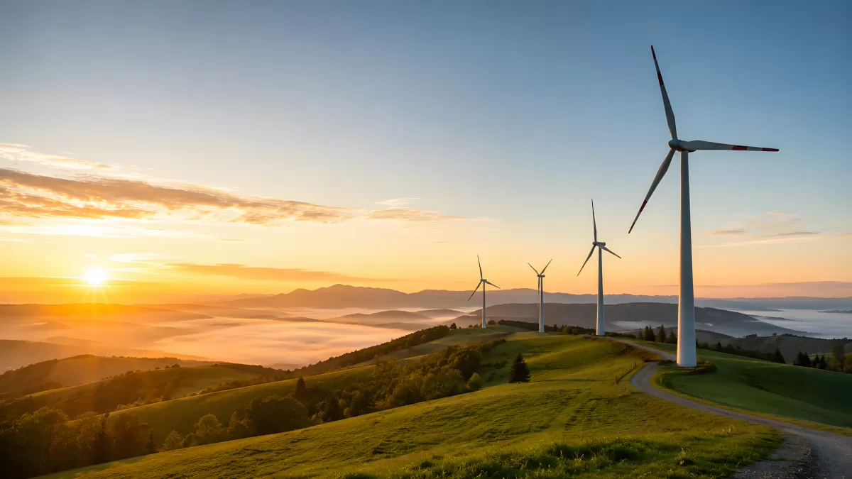 Windräder auf grünem Hügel bei goldenem Sonnenaufgang