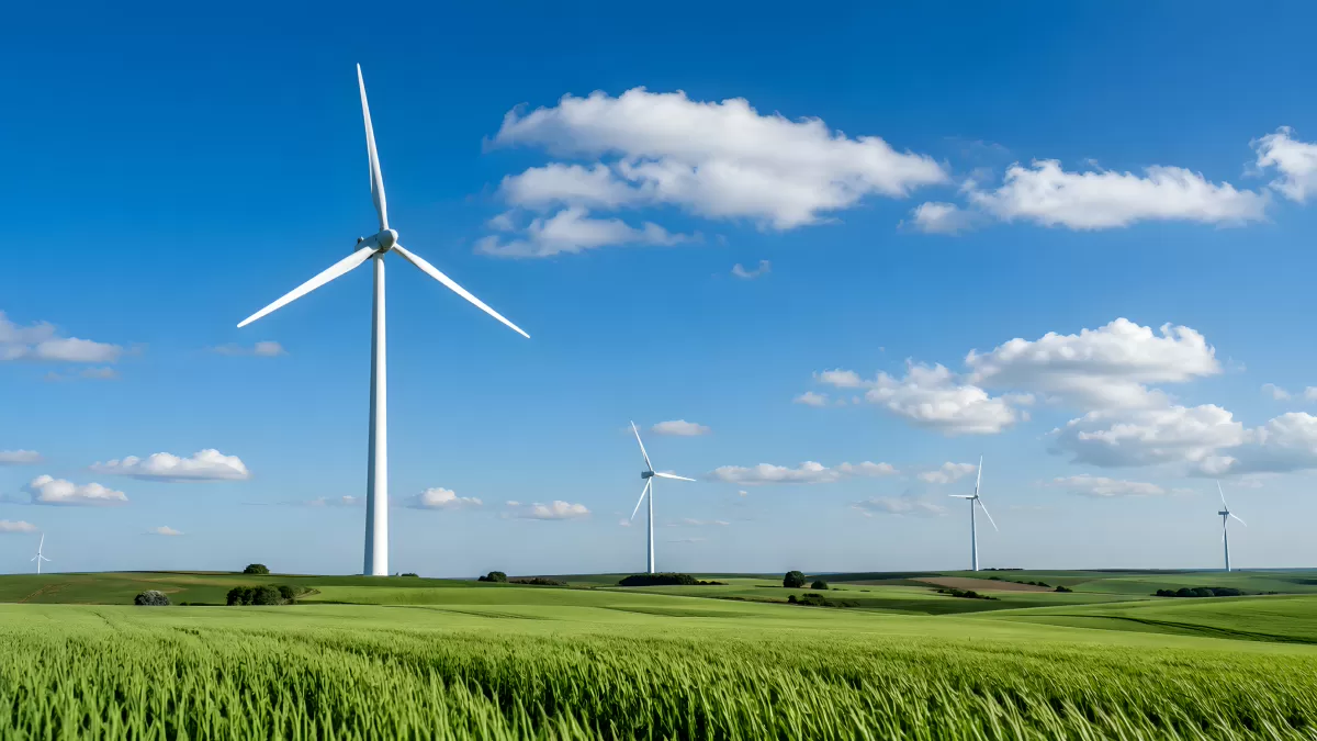 Windräder auf grünen Feldern unter blauem Himmel