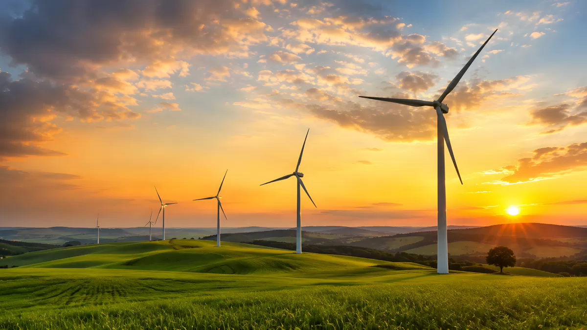 Windräder auf grünen Hügeln bei goldenem Sonnenuntergang