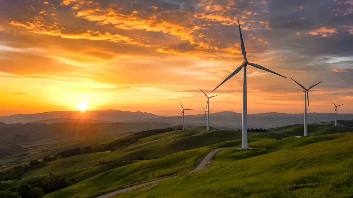 Windräder auf grünen Hügeln bei strahlendem Sonnenuntergang