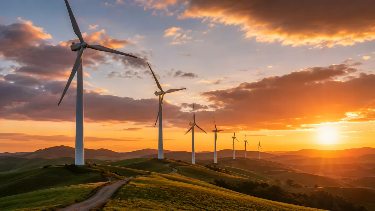 Windräder auf grünen Hügeln beim Sonnenuntergang