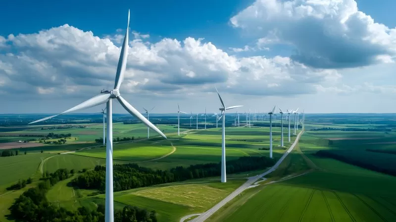 Windräder im grünen Windpark unter blauem Himmel