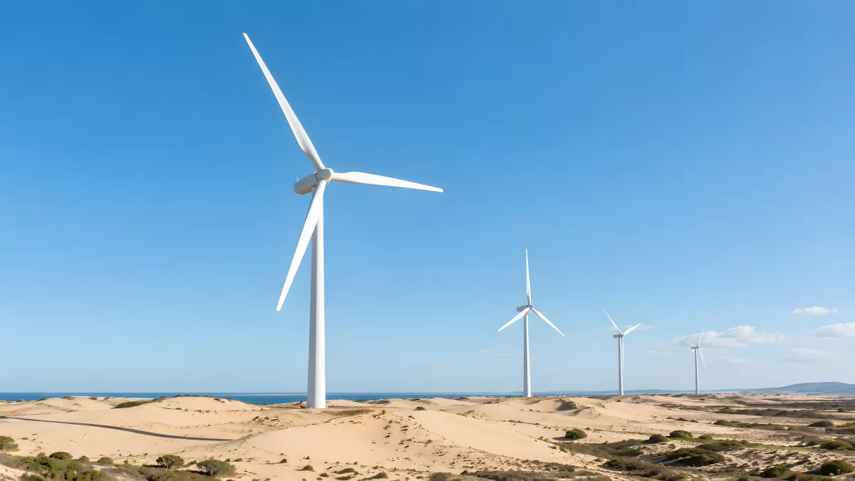 Windräder in Wüstenlandschaft am blauen Meer