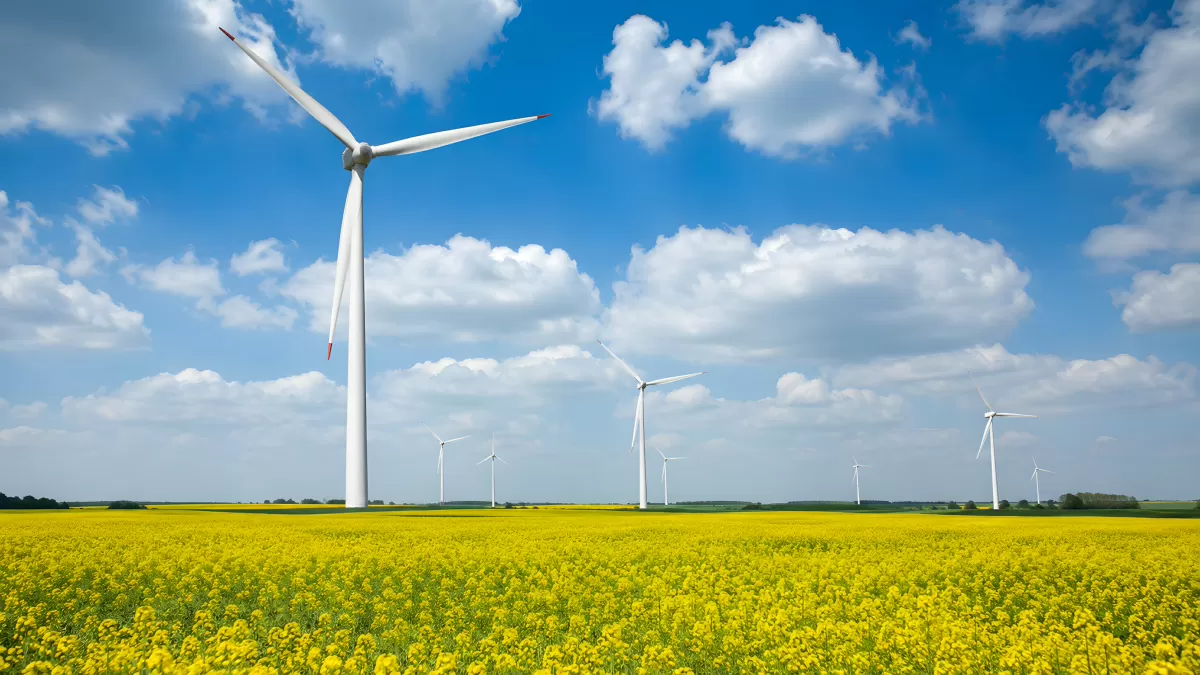 Windräder über blühendem Rapsfeld im Frühling