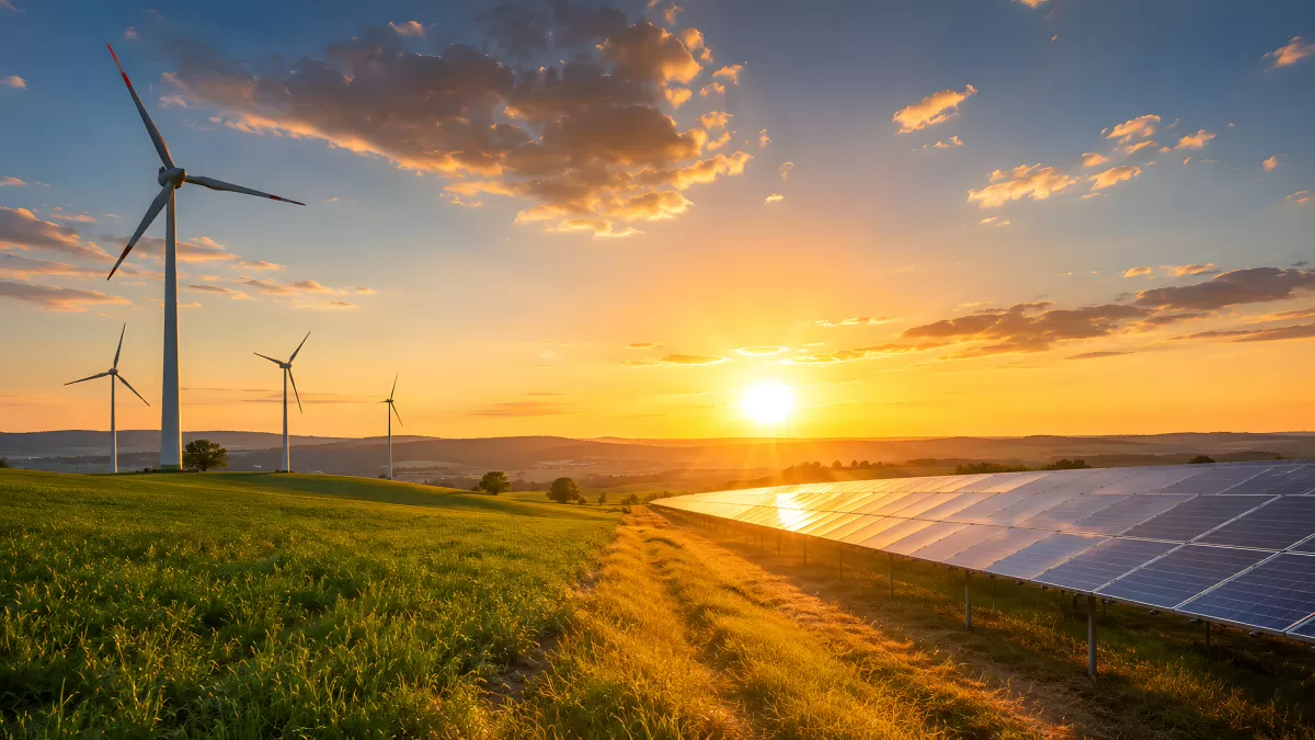 Windräder und Solaranlage bei goldenem Sonnenuntergang