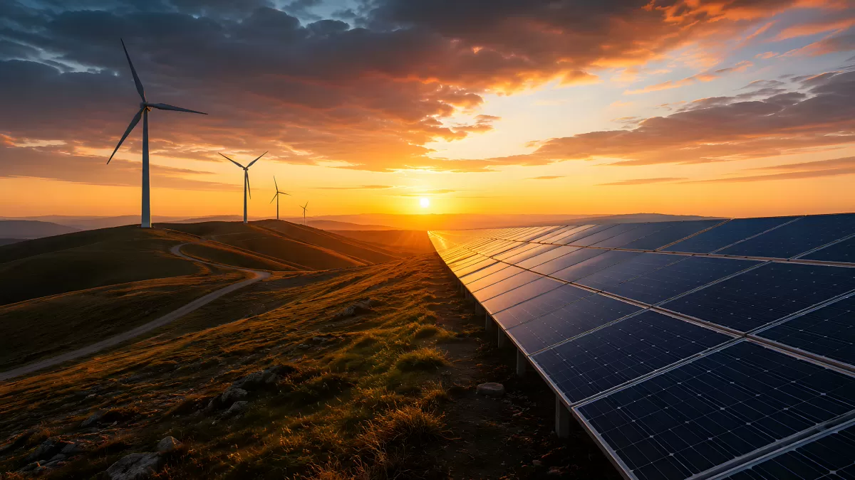 Windräder und Solaranlage im goldenen Abendlicht