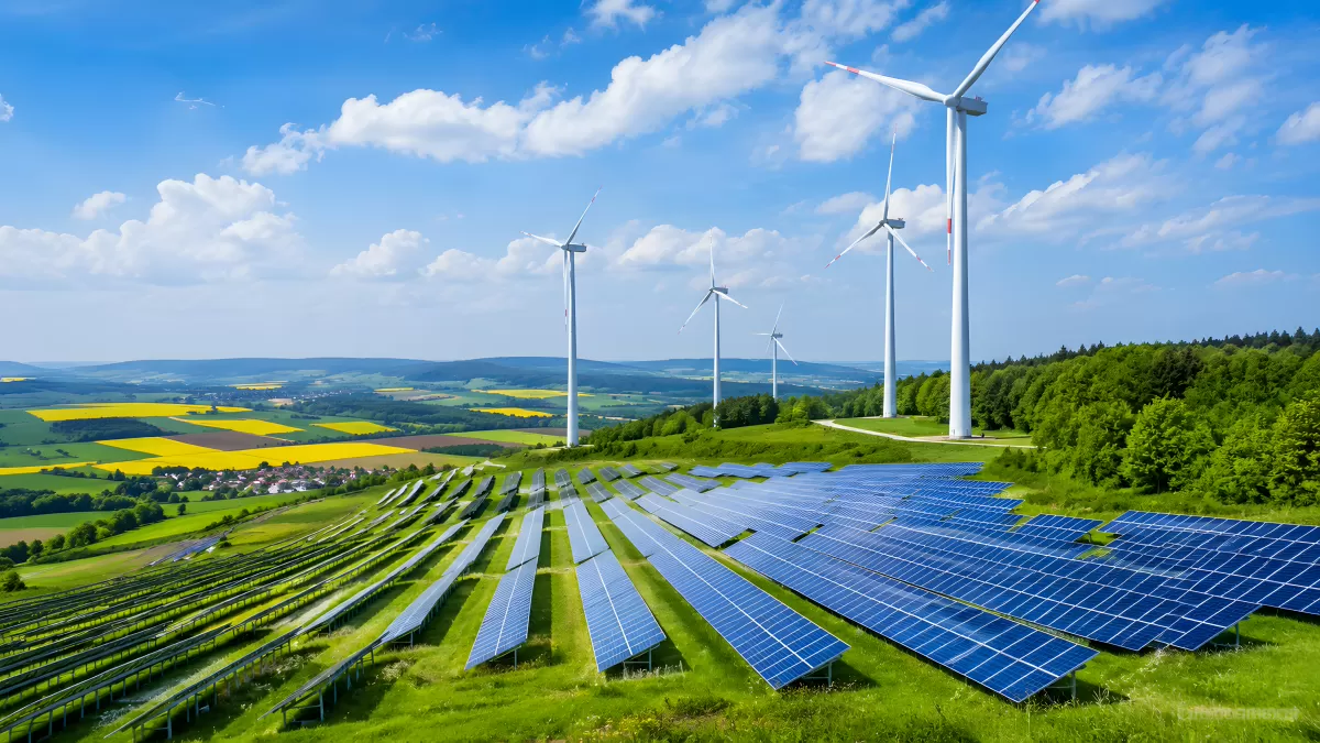 Windräder und Solaranlage in grüner Hügellandschaft