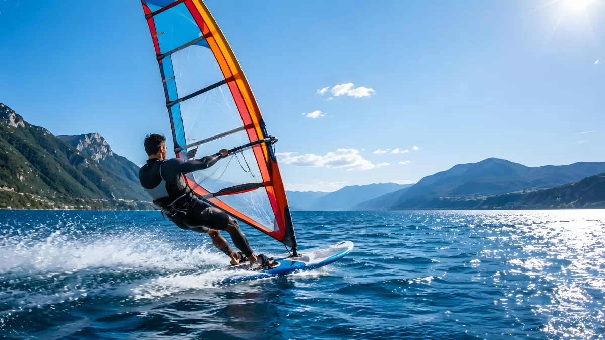 Windsurfer auf blauem See vor Bergpanorama