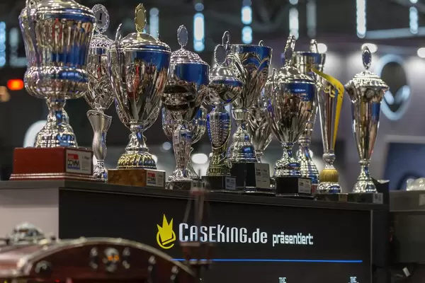 Winner cups / trophies  at the Caseking booth at German games fair Gamescom