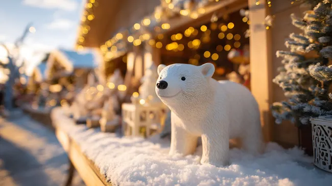 Winterdekoration mit Eisbärfigur am verschneiten Weihnachtsmarkt