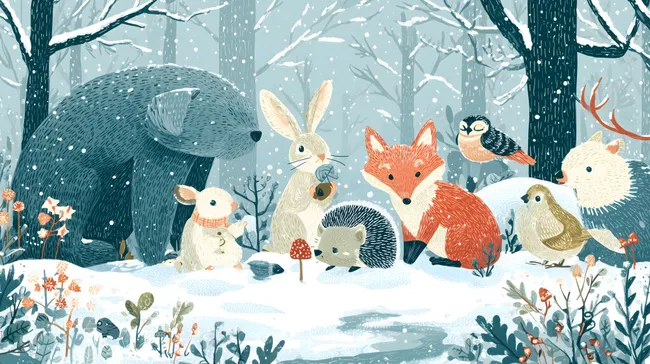 Winteridylle mit Waldtieren im Schnee