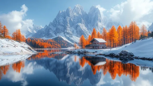 Winterlandschaft in den Alpen mit Bergsee und orangefarbenen Bäumen