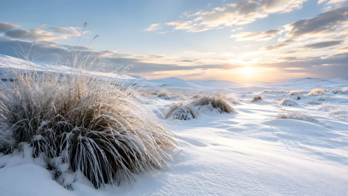 Winterlandschaft mit Gräsern bei goldenem Sonnenuntergang