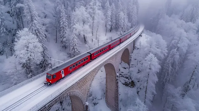 Winterlandschaft mit Panoramablick auf Bahnbrücke und Lokomotive
