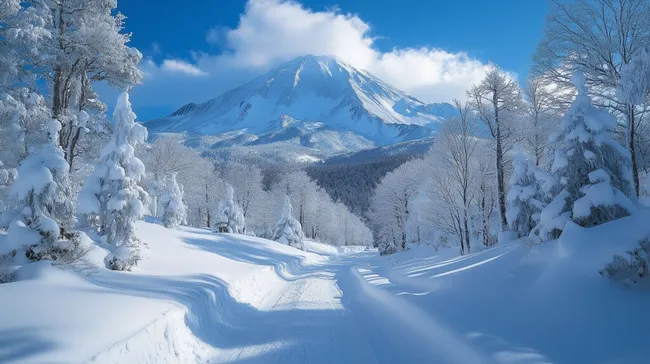 Winterlandschaft mit schneebedecktem Vulkan