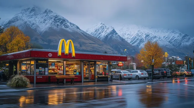 Winterlandschaft mit Schneebergen und McDonald's-Filiale