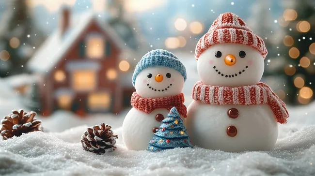 Winterlich-fröhliche Schneemänner in Weihnachtskulisse