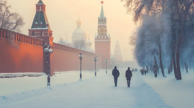 Winterliche Ansicht des Moskauer Kremls mit verschneiter Promenade