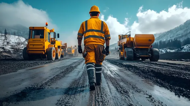 Winterliche Baustellenszene mit Bauarbeitern und Baumaschinen