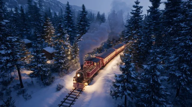 Winterliche Dampflokomotive durchfährt verschneite Berglandschaft