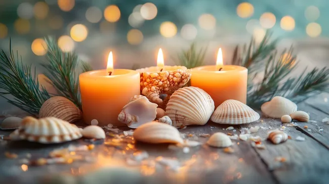 Winterliche Deko mit Kerzen, Muscheln und Tannenzweigen