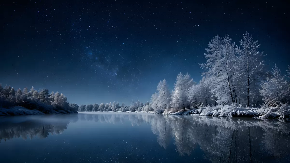 Winterliche Flusslandschaft unter sternenklarem Nachthimmel