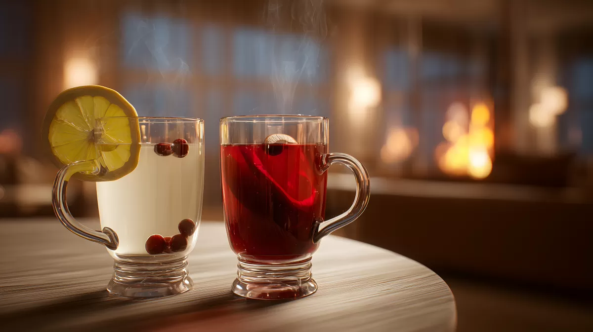 Winterliche Gemütlichkeit mit heißen Getränken am Kamin