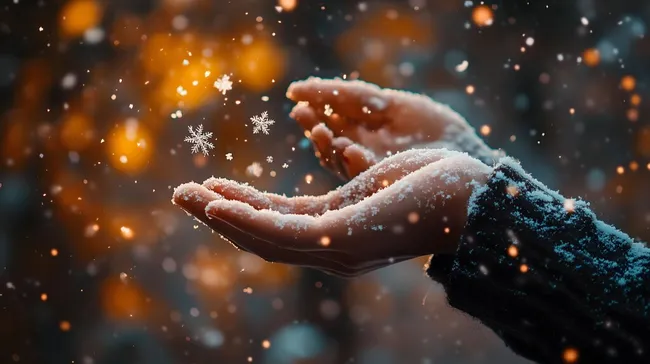 Winterliche Handinnenfläche mit fallenden Schneeflocken