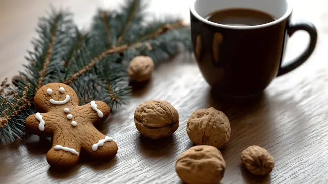 Winterliche Kaffee-Pause mit Lebkuchen und Nüssen