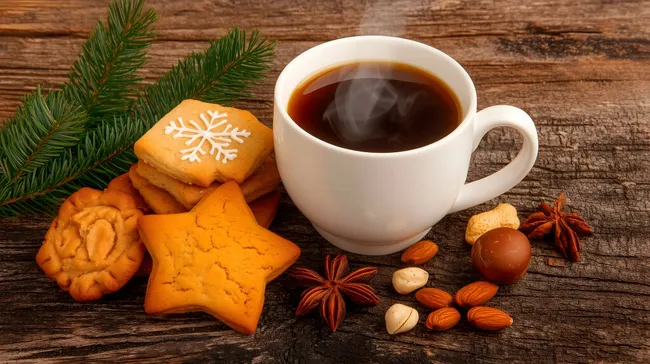 Winterliche Kaffeepause mit Plätzchen und Gewürzen