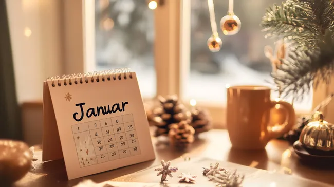 Winterliche Kalenderdekoration mit Tasse und Lichterkette