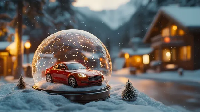 Winterliche Miniaturszene mit Sportwagen in Schneekugel