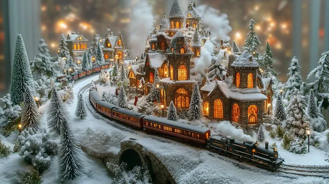 Winterliche Modelleisenbahn-Weihnachtslandschaft mit beleuchteten Häusern