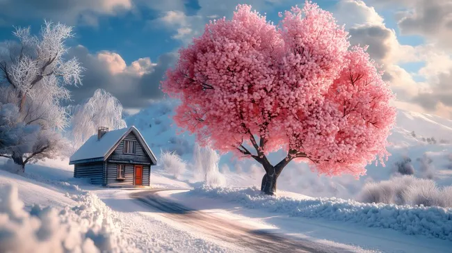 Winterliche Oase mit blühender Kirschblüte