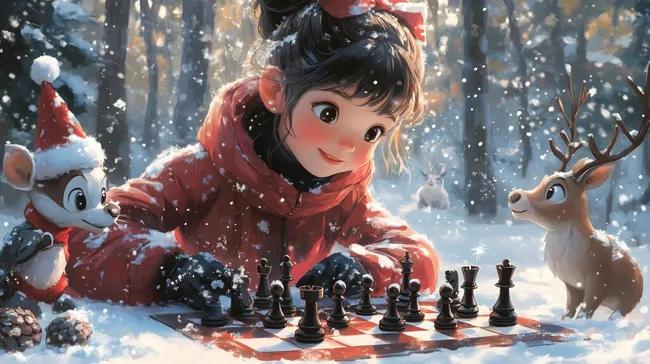 Winterliche Schachszenerie mit Mädchen und Tieren