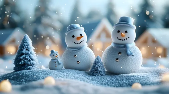 Winterliche Schneemann-Familie in verschneiter Landschaft