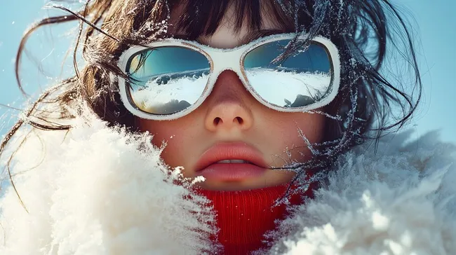 Winterliche Schneewandererin in Schutzbrillennahaufnahme