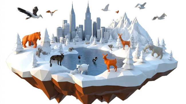 Winterliche Stadtlandschaft mit Tieren