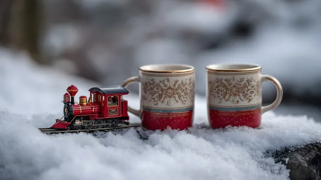 Winterliche Szene mit Vintage-Spielzeuglok und bemalten Tassen